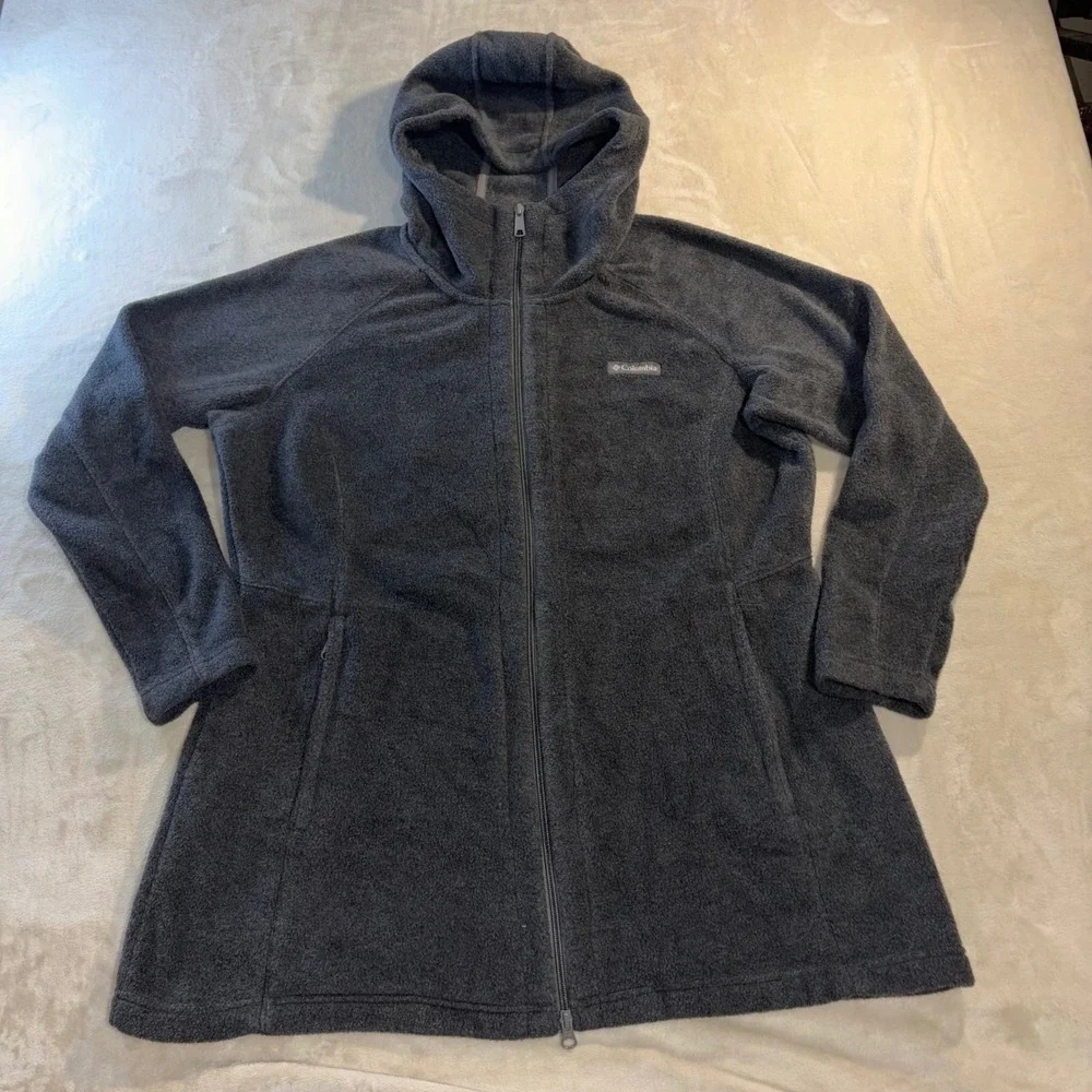 Columbia Womens Charcoal Gray Fleece Full Zip Hooded Jacket 1X AW6485 Longline